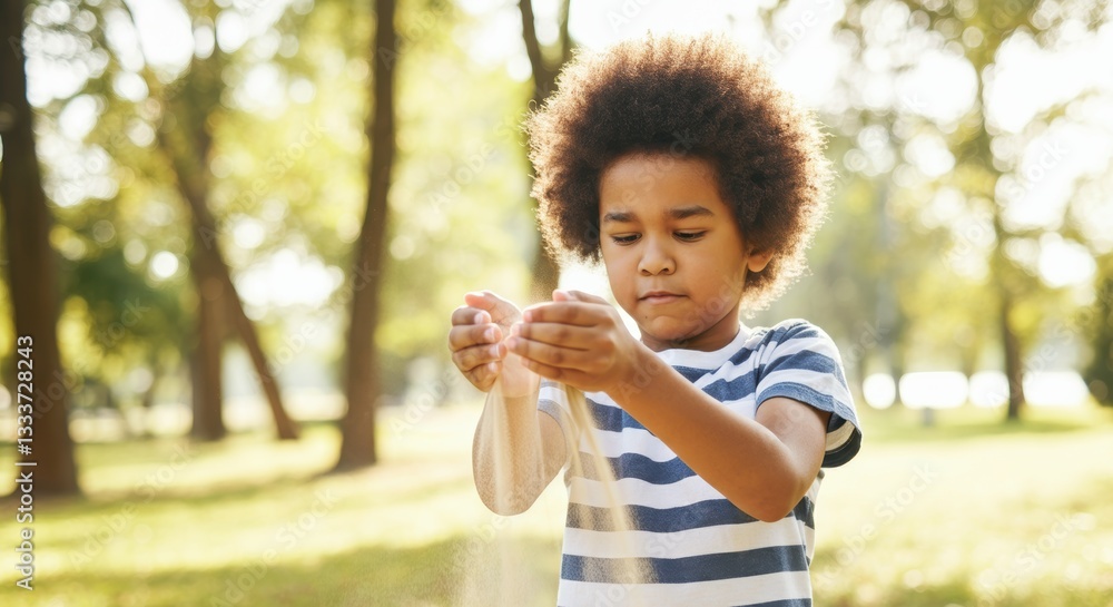African child playing with sand outdoors in sunlit park setting African child playing with sand outdoors in sunlit park setting