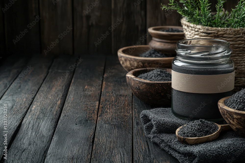 Realistic Mockup Bamboo charcoal body scrub in glass jar with wooden bowls on rustic wooden table Realistic Mockup Bamboo charcoal body scrub in glass jar with wooden bowls on rustic wooden table