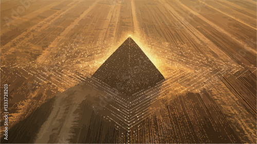 High-angle, aerial shot of a pyramid-shaped structure situated in the center of a large, flat field. The field is golden brown, possibly due to harvested crops or dry grass, and shows distinct