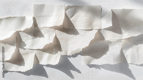 High-angle, close-up shot of numerous irregularly shaped pieces of torn white and off-white paper arranged on a light-colored surface. The paper pieces overlap and create a textured pattern.  The