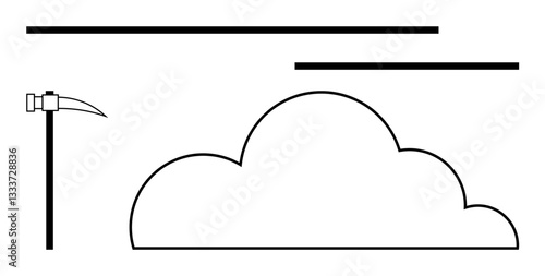 Pickaxe alongside cloud shape suggesting data mining, technology, and innovation. Ideal for technology, cloud computing, data analysis, software, digital transformation, innovation IT solutions