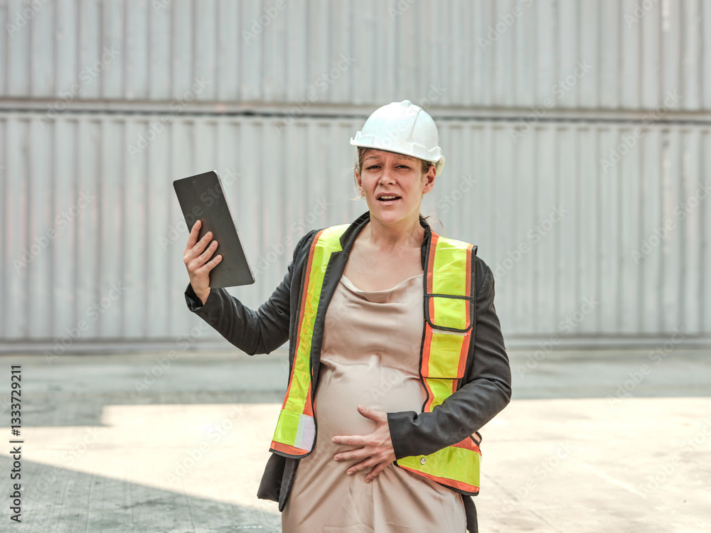 Maternity emergencies Healthy pregnant women work under safety supervision and health insurance in industrial plants. Field work in storage yards and empty containers for shipping.