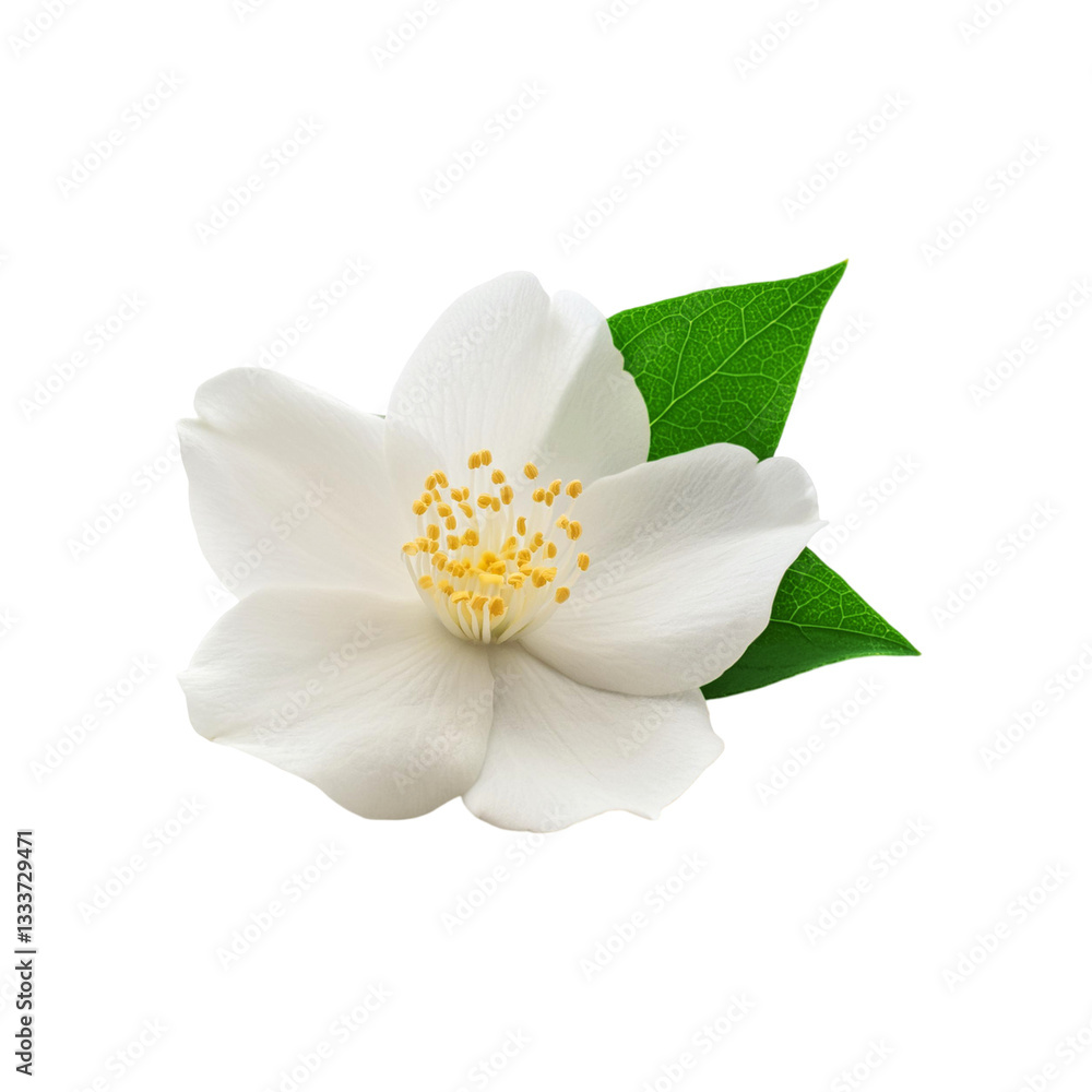 Obraz premium Beautiful white jasmine flower with leaf on transparent background
