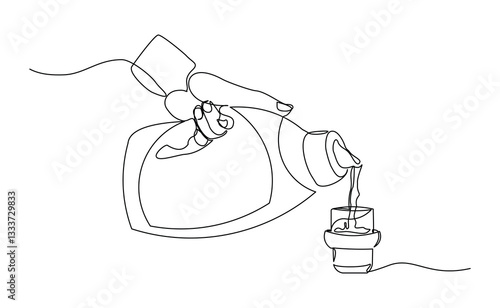 Continuous single line of people hand holding and pouring laundry liquid soap detergent bottle for clothes washer sketch drawing editable stroke vector illustration