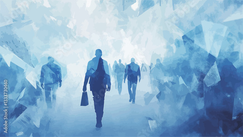 The image depicts several silhouetted figures in business attire walking through a surreal environment composed of large, fragmented crystalline structures. The color palette is predominantly