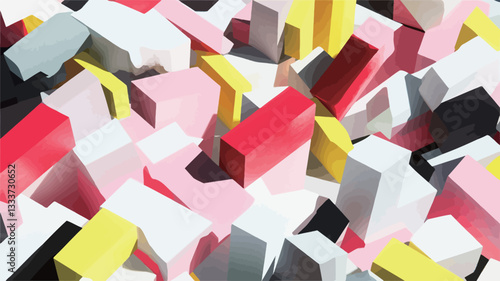 The image presents a close-up view of numerous irregularly shaped blocks in various colors, primarily red, pink, yellow, white, gray, and black. The blocks appear to be three-dimensional and are