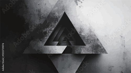 The image features a grayscale abstract composition centered on a series of nested triangles. The triangles are rendered with a metallic or textured appearance, showing variations in shading to