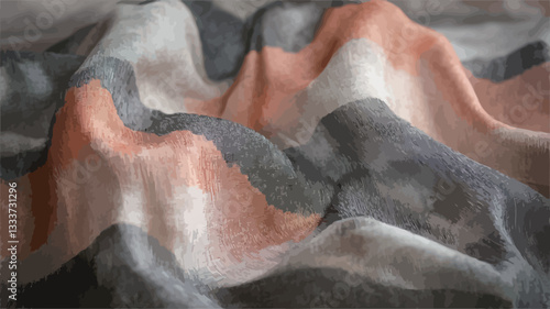 Close-up shot of draped fabric showing various folds and wrinkles.  The fabric exhibits a muted color palette primarily consisting of peach, grey, beige, and white tones. The image is softly lit,