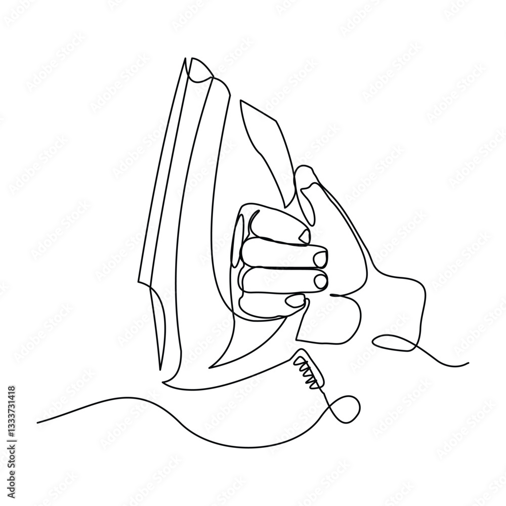 Fototapeta premium Continuous single line of hand holding electric iron clothes home appliance laundry theme sketch drawing editable stroke vector illustration