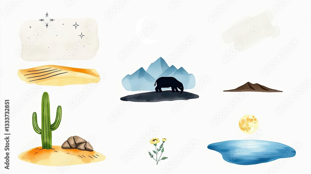 Desert Landscape Cactus Moon Stars Mountains Watercolor Illustration Desert Landscape Cactus Moon Stars Mountains Watercolor Illustration