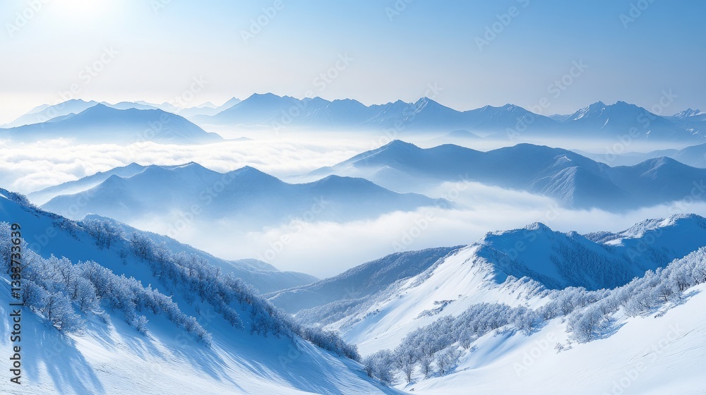 Obraz premium Snowy mountain range, winter landscape, foggy valley, sunlit peaks, scenic view