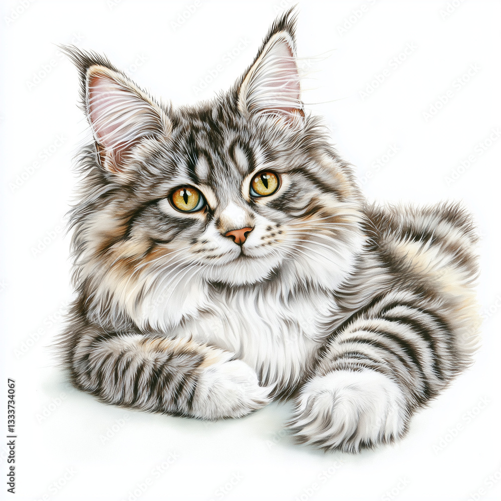 Illustration of the Maine Coon cat sitting, soft watercolor tones, white background, detailed illustration, cartoonish.