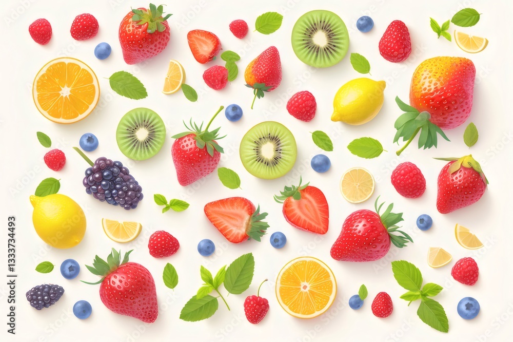 Colorful Summer Fruit Flatlay: Strawberries, Berries, Kiwi, and Citrus on White Colorful Summer Fruit Flatlay: Strawberries, Berries, Kiwi, and Citrus on White
