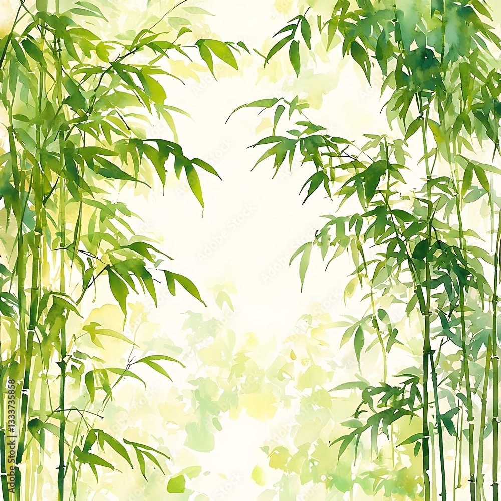 Naklejka premium Serene Watercolor Painting of Bamboo Forest. A tranquil image perfect for design projects needing a peaceful, natural aesthetic.