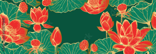 Lotus flowers and leaves sketch outline illustration luxury banner template. Floral botany drawing in engraving style with golden line. Hand drawn vector clipart for invitation, covers, cards design