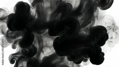 Swirling black ink forms dynamic patterns in water, creating an abstract display of movement and fluidity