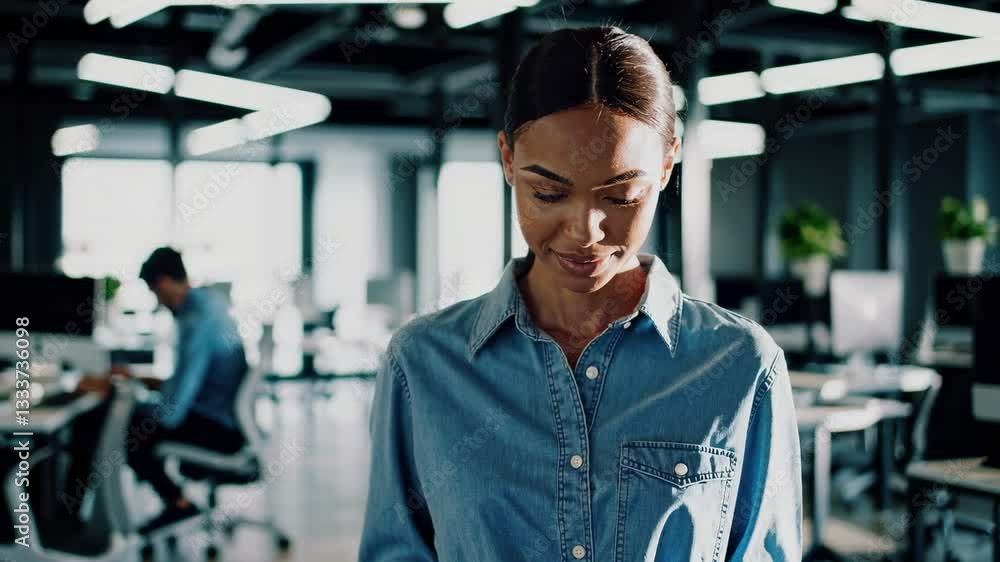 Focused young woman in a modern open-plan office, wearing a denim shirt and working with calm concentration in a tech-savvy, professional environment. Focused young woman in a modern open-plan office, wearing a denim shirt and working with calm concentration in a tech-savvy, professional environment.