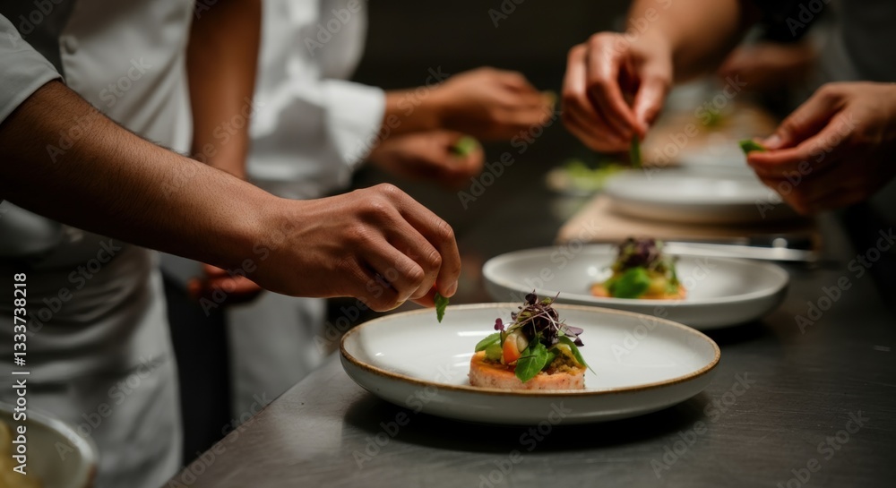 Chefs preparing elegant gourmet dishes in a professional kitchen setting Chefs preparing elegant gourmet dishes in a professional kitchen setting
