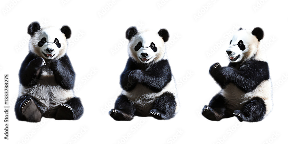 Fototapeta premium Three cute baby panda bears sit upright in a row against a clean transparent background, suitable for wildlife presentation slides or promotional