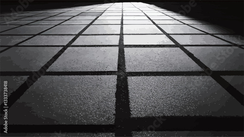 A black and white, high-contrast photograph depicting a tiled floor viewed from a low perspective. The tiles are square and arranged in a grid pattern.  Strong shadows and highlights accentuate the