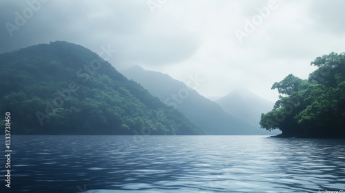 Serene Lake Surrounded by Lush Mountains and Misty Sky