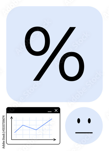 Percentage symbol with line graph and neutral face suggesting analytical evaluation, progress tracking, or uncertain results. Ideal for business, finance, statistics, feedback, analytics, reporting