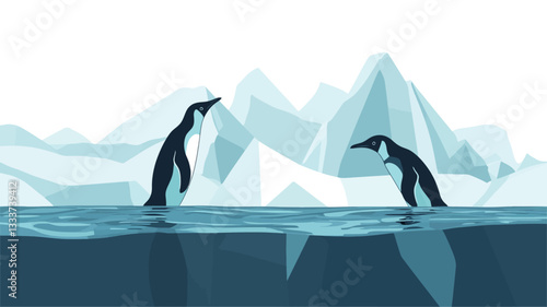 Digital illustration depicting two penguins standing in shallow water against a backdrop of geometrically rendered icebergs and mountains. The color palette is limited to shades of blue and white,