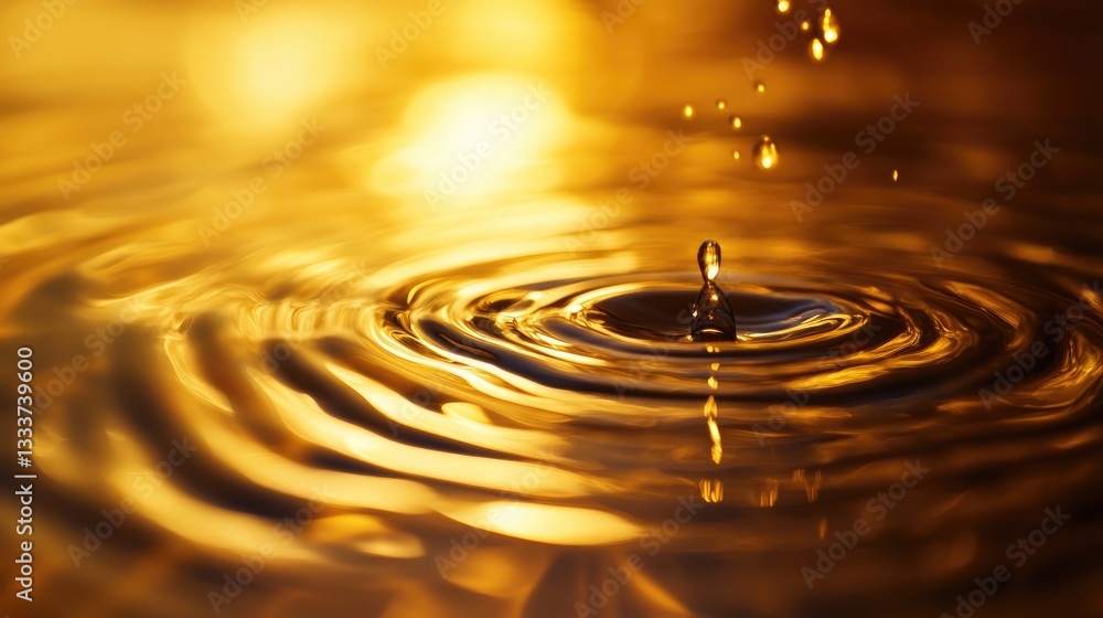 Golden water ripples with a single droplet creating a splash in a serene, shimmering environment of liquid reflections Golden water ripples with a single droplet creating a splash in a serene, shimmering environment of liquid reflections