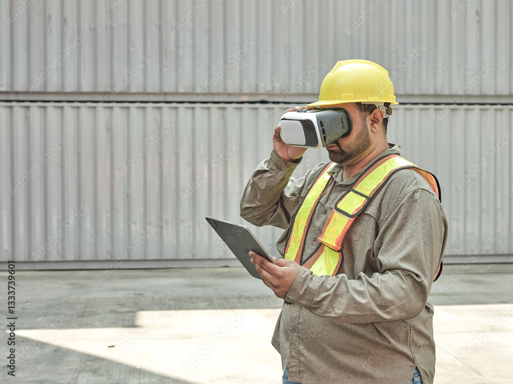 Male engineer wearing virtual reality headset to check quality of container handling system, control the placement and scheduling of shipments.