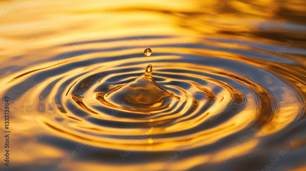 Golden Water Ripple with Droplet Creating Circular Waves in Sunlight Reflection on Calm Surface Golden Water Ripple with Droplet Creating Circular Waves in Sunlight Reflection on Calm Surface