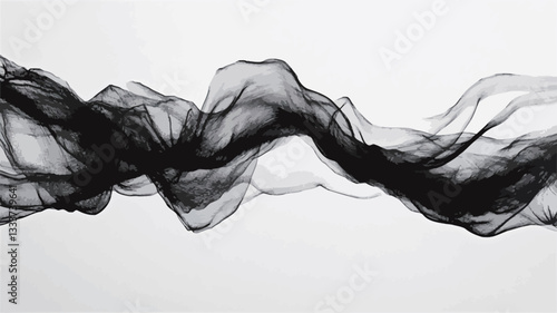 The image is a high-resolution photograph of a black fabric, likely silk or a similar sheer material, draped and flowing across a white background. The fabric is translucent, allowing some light to