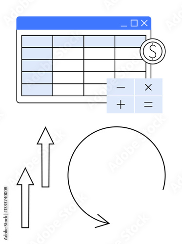 Spreadsheet with numbers and currency symbol, calculator keypad, upward arrows, and circular arrow. Ideal for finance, budgeting, data analysis, growth, accounting calculations business strategy