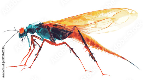 A detailed illustration of an insect, possibly a type of mayfly or similar species, depicted in a vibrant color palette. The insect's body is predominantly dark blue-green, with orange and yellow