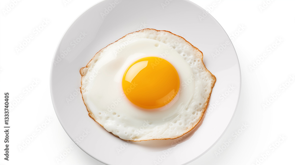 Fried Egg on White Plate SunnySide Up Top View Fried Egg on White Plate SunnySide Up Top View