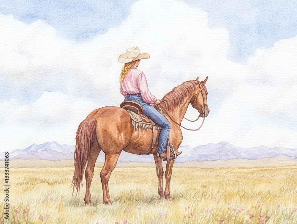 Obraz premium A Cowgirl on a Horse in a Scenic Landscape