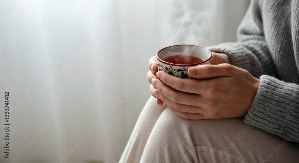 Female relaxing with a warm cup of tea at home in cozy knit sweater Female relaxing with a warm cup of tea at home in cozy knit sweater