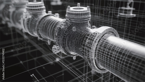 A grayscale 3D wireframe rendering of an industrial pipeline system. The image shows a section of a large pipe with various valves, flanges, and other components. The wireframe style reveals the