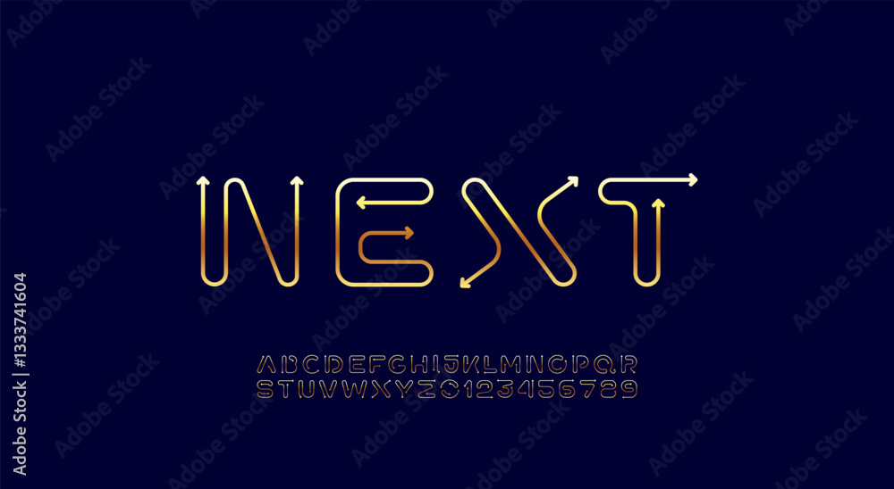 Obraz premium Golden alphabet, font from gold arrow, bright letters and numbers made in linear style