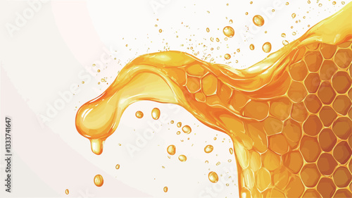 Close-up image of a golden honey splash against a white background.  A section of honeycomb is visible, partially submerged within the honey flow. The honey exhibits a viscous texture with droplets