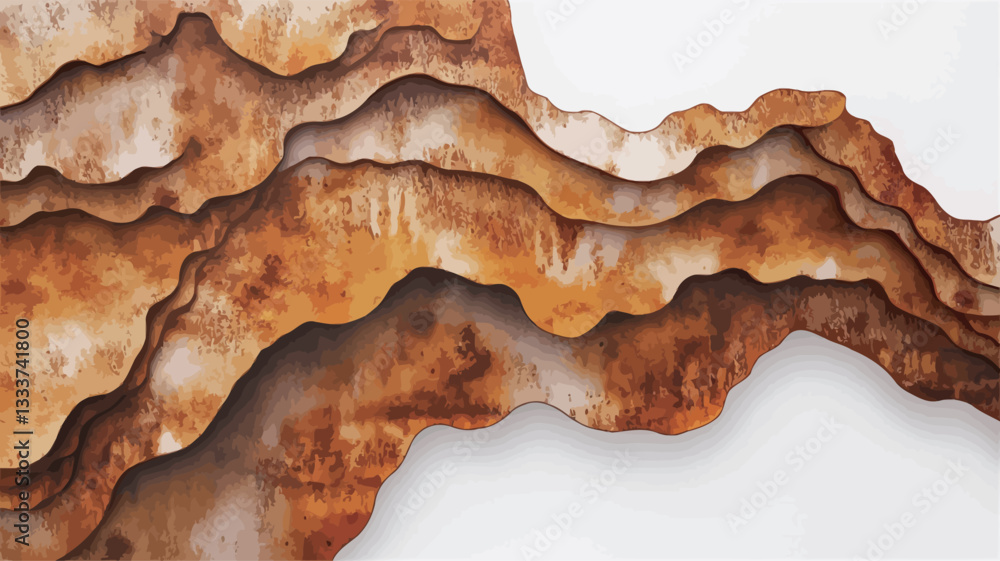 Obraz premium Close-up shot of an abstract composition featuring layered, rusted metal. The image displays varying shades of orange and brown, indicative of rust and oxidation. The metal appears to be sculpted