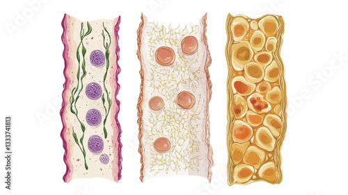 A digital illustration depicts three vertical cross-sections of different types of plant tissue. Each section is rectangular and shows various cellular structures. The leftmost section displays