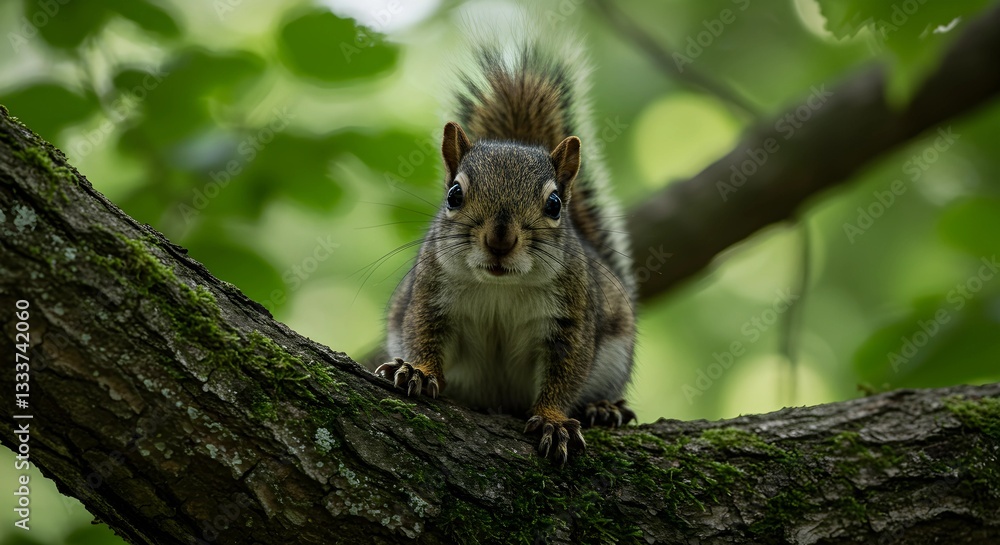 Small Squirrel Standing on a Tree Branch, Looking at the Camera Small Squirrel Standing on a Tree Branch, Looking at the Camera