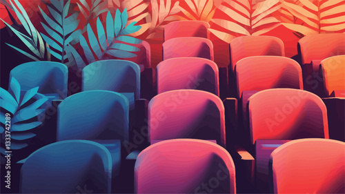 The image is a stylized digital illustration depicting rows of empty theater seats. The seats are rendered in a gradient of blue and pink/red hues, creating a visually striking contrast.  The