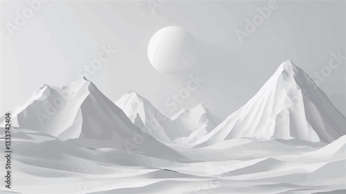 The image is a digital rendering depicting a stylized mountain range in monochrome white.  The mountains are simplified in form, almost geometric, with smooth surfaces and soft, rounded peaks.  A