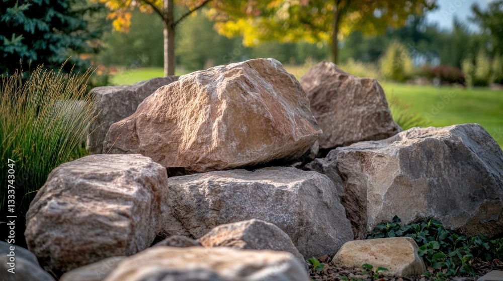Natural Garden Stones Surrounded by Lush Greenery in Sunlight Natural Garden Stones Surrounded by Lush Greenery in Sunlight