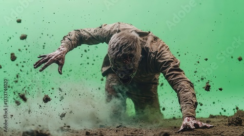 Stunt double performing a fall in zombie scene on green screen, cinematic action filmmaking