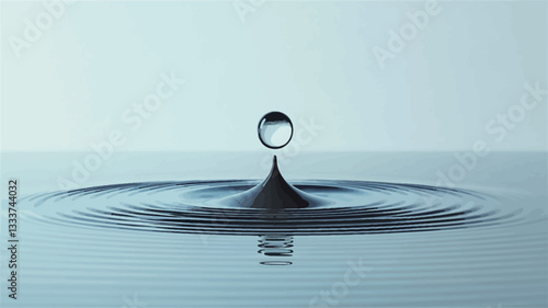 A close-up shot of a single water droplet impacting a calm water surface, creating concentric ripples. The droplet is perfectly spherical and exhibits high surface tension.  The water is a light