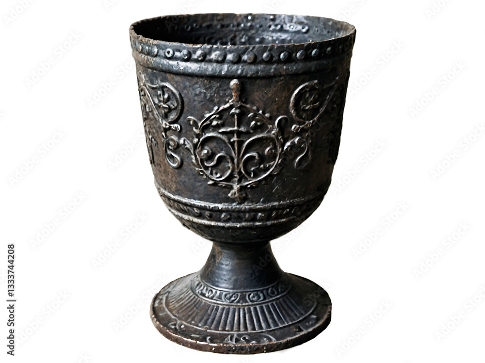 Mystical Medieval Iron Chalice with Embossed Crescent Design against Black Backdrop Mystical Medieval Iron Chalice with Embossed Crescent Design against Black Backdrop