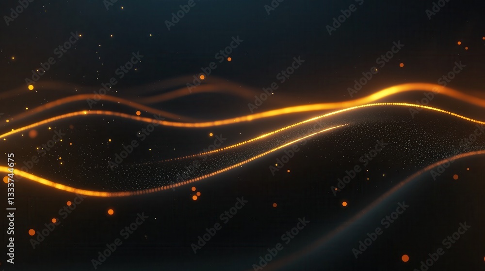 Obraz premium Abstract Glowing Golden Wave Lines on Dark Background, Particles Sparkles, Modern Digital Design for Web, Technology, Science, Business