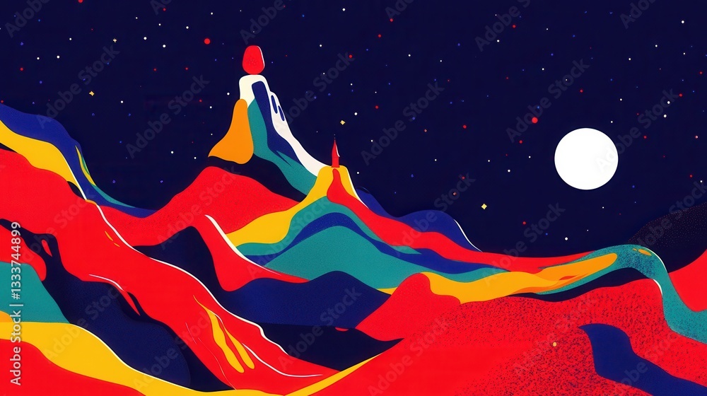 Obraz premium Night's Serene Embrace Colorful Mountain Landscape Under the Moonlit Sky